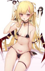 Rule 34 | 1girl, :o, absurdres, bare arms, bare shoulders, bikini, black bikini, black choker, blonde hair, breasts, cameltoe, choker, collarbone, cross, frown, gloves, hair ribbon, half gloves, halterneck, highres, hukahire0120, long hair, looking at viewer, mole, mole on breast, multicolored hair, navel, open mouth, original, pointy ears, pubic tattoo, red eyes, ribbon, side-tie bikini bottom, sitting, small breasts, solo, stomach, strap gap, streaked hair, string bikini, swimsuit, tattoo, thigh strap, thighs, two side up, v-shaped eyebrows, very long hair, wings