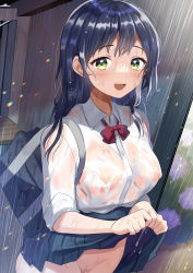 Rule 34 | 1girl, :d, absurdres, bag, black hair, black skirt, blush, bow, bowtie, breasts, bus stop, clothes lift, collared shirt, commentary request, cowboy shot, day, dress shirt, exhibitionism, flower, green eyes, highres, hydrangea, kazepana, large breasts, lifting own clothes, long hair, looking at viewer, nipples, no bra, no panties, open mouth, original, outdoors, public indecency, pussy, rain, red bow, red bowtie, school bag, shirt, skirt, skirt lift, smile, solo, wet, wet clothes, wet hair, wet shirt