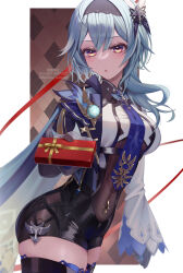 Rule 34 | 1girl, :o, absurdres, black gloves, black hairband, black thighhighs, blue hair, blue necktie, blush, box, box of chocolates, commentary request, cowboy shot, eula (genshin impact), genshin impact, giving, gloves, hair ornament, hairband, highres, holding, holding box, juliet sleeves, long hair, long sleeves, looking at viewer, necktie, puffy sleeves, solo, thighhighs, thighs, twitter username, valentine, vision (genshin impact), watermark, white background, wide sleeves, yakiniku pan, yellow eyes