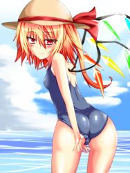 Rule 34 | 1girl, adjusting clothes, adjusting swimsuit, ass, bad id, bad pixiv id, bare shoulders, blush, breasts, cameltoe, female focus, flandre scarlet, hat, highres, looking back, naughty face, one-piece swimsuit, red eyes, red hair, school swimsuit, side ponytail, small breasts, solo, suterii, swimsuit, embodiment of scarlet devil, touhou, water, wings
