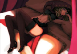 Rule 34 | 1girl, bad id, bad pixiv id, blonde hair, blue eyes, midriff, navel, odin sphere, sharekoube, solo, striped clothes, striped thighhighs, thighhighs, vanillaware, velvet (odin sphere), vertical-striped clothes, vertical-striped thighhighs