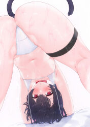 Rule 34 | 1girl, absurdres, all fours, ass, bikini, black hair, blush, breasts, cameltoe, cat tail, closed mouth, from behind, highres, idolmaster, idolmaster shiny colors, kneepits, looking at viewer, looking back, morino rinze, navel, open clothes, red eyes, short sleeves, simple background, small breasts, solo, stomach, swimsuit, tail, thigh strap, tutinako, untied bikini, wet, white bikini