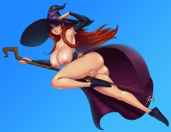 Rule 34 | 1girl, blue background, breasts, detached sleeves, dragon&#039;s crown, flying, hat, highres, large breasts, long hair, looking at viewer, nail polish, nipples, one eye closed, pussy, pussy juice, red eyes, red hair, simple background, smile, solo, sorceress (dragon&#039;s crown), staff, uncensored, witch hat, xinaelle
