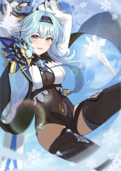 Rule 34 | 1girl, :d, absurdres, arms up, black leotard, black thighhighs, blue hair, blue sky, blurry, cape, claymore (sword), cloud, cloudy sky, commentary request, depth of field, eula (genshin impact), genshin impact, greatsword, hair between eyes, hair ornament, hairband, highres, holding, holding sword, holding weapon, leotard, long hair, long sleeves, looking at viewer, necktie, open mouth, sidelocks, sky, skying, smile, snowflakes, solo, sword, thighhighs, vision (genshin impact), weapon, yellow eyes, zettai ryouiki