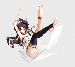 Rule 34 | 1girl, armpits, arms up, ass, barefoot, brown hair, curvy, fate/grand order, fate (series), ishtar (fate), legs up, philomelalilium, red eyes, revealing clothes, single thighhigh, solo, thighhighs, wide hips