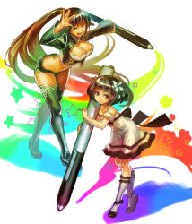 Rule 34 | 2girls, age difference, black hair, breasts, brown eyes, brown hair, gradient hair, green hair, holding, holding stylus, long hair, medium breasts, multicolored hair, multiple girls, one eye closed, original, ponytail, red hair, short hair, simple background, smile, snail8, star (symbol), stylus, white background
