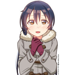 Rule 34 | 1girl, blue hair, blush, coat, commentary request, fur-trimmed jacket, fur trim, gloves, hair between eyes, jacket, long hair, looking at viewer, love live!, love live! school idol project, open mouth, own hands together, simple background, skull573, solo, sonoda umi, white background, winter clothes, winter coat, yellow eyes