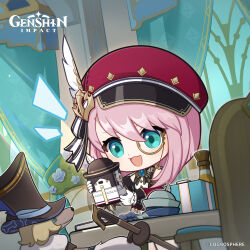 Rule 34 | 1girl, absurdres, aqua eyes, belt, book, box, cabbie hat, charlotte (genshin impact), chibi, commentary, copyright name, curtains, dot nose, english commentary, genshin impact, gift, gift box, gloves, hair between eyes, hat, hat feather, hat ribbon, highres, holding, indoors, long hair, long sleeves, monocle, official art, open mouth, pink hair, puffy long sleeves, puffy sleeves, red hat, ribbon, shirt, sleeveless, sleeveless shirt, smile, suspenders, white belt, white gloves, white shirt, window