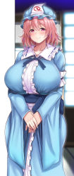 Rule 34 | 1girl, arm garter, blue dress, blue hat, blue sash, blush, breasts, center frills, collarbone, commentary request, cowboy shot, dress, ebi 193, frilled shirt collar, frills, hair between eyes, hat, huge breasts, long sleeves, looking at viewer, mob cap, own hands together, pink eyes, pink hair, ribbon-trimmed collar, ribbon trim, saigyouji yuyuko, sash, short hair, smile, solo, standing, touhou, triangular headpiece, wide sleeves