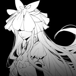 Rule 34 | 1girl, black background, china dress, chinese clothes, closed mouth, dress, elbow gloves, flower, flower on head, gloves, greyscale, highres, long hair, monochrome, short sleeves, shuang walan, simple background, sketch, smirk, solo, touhou, unfinished dream of all living ghost, upper body, vine print, yomotsu hisami
