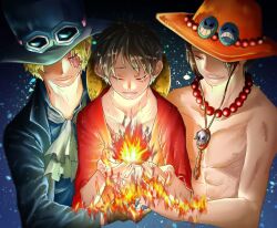 Rule 34 | 3boys, ascot, black coat, black hair, blonde hair, blue background, blue shirt, closed eyes, coat, commentary request, fire, freckles, gloves, goggles, goggles on headwear, hat, highres, jewelry, male focus, monkey d. luffy, multiple boys, necklace, no tattoo, one piece, piry, portgas d. ace, red shirt, sabo (one piece), scar, scar on face, shirt, short hair, smile, straw hat, torso, unworn headwear, upper body, white ascot