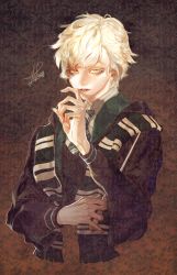 Rule 34 | 1boy, blonde hair, green scarf, hand up, harry potter (series), highres, holding, holding wand, long sleeves, looking at viewer, male focus, original, parted lips, pigeon666, scar, scar on face, scarf, shindan maker, signature, slytherin, smile, solo, upper body, wand, wizarding world, yellow eyes