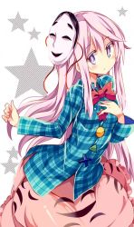 Rule 34 | 1girl, blush, bow, bowtie, bubble skirt, hand on own chest, hata no kokoro, jpeg artifacts, long hair, long sleeves, looking at viewer, mask, maturiuta sorato, noh mask, pink hair, plaid, plaid shirt, purple eyes, shirt, simple background, skirt, solo, star (symbol), string, touhou, white background