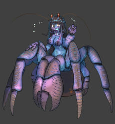 Rule 34 | 1girl, antennae, arthropod girl, arthropod limbs, breasts, carapace, claws, cleavage, colored skin, covered erect nipples, full body, grey background, highres, large breasts, long hair, monster girl, multicolored skin, open mouth, original, panicking, purple skin, red eyes, sharp teeth, solo, stalk eyes, sweat, teeth, upper teeth only, user zmsc3572