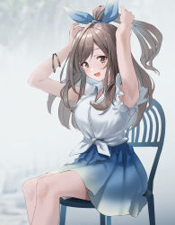 Rule 34 | 1girl, armpits, arms up, blue ribbon, blue skirt, blurry, blurry background, blush, bow, breasts, brown eyes, brown hair, dot nose, hair bow, hair ribbon, highres, idolmaster, idolmaster shiny colors, large breasts, long hair, looking at viewer, multiple bracelets, on chair, open mouth, ponytail, ribbon, shirt, short sleeves, sitting, skirt, smile, solo, sthk, swept bangs, tied shirt, tree, tsukioka kogane, white background, white shirt