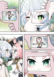 Rule 34 | 2girls, :3, :d, ;), absurdres, amairo zanmei, animal ears, bracelet, cat ears, cat girl, cat tail, comic, commentary request, detached sleeves, diona (genshin impact), face-to-face, genshin impact, gradient hair, green eyes, grey hair, hair between eyes, hair ornament, highres, jewelry, long hair, long sleeves, looking at another, looking at viewer, multicolored hair, multiple girls, nahida (genshin impact), navel, one eye closed, open mouth, pink hair, running, short hair, side ponytail, sidelocks, silent comic, smile, surprised, symbol-shaped pupils, tail, thick eyebrows