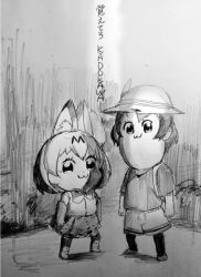 Rule 34 | 10s, animal ears, bkub (style), bow, bowtie, bucket hat, fur collar, greyscale, hat, kaban (kemono friends), kemono friends, monochrome, multicolored hair, pantyhose, personification, poptepipic, serval (kemono friends), serval print, serval tail, shirt, sleeveless, sleeveless shirt, tail, two-tone hair