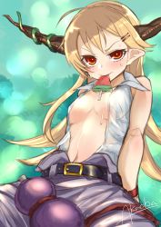 Rule 34 | 1girl, absurdres, bad id, bad twitter id, bare shoulders, belt, blonde hair, blush, breasts, food, frown, gourd, hatori you, highres, horns, ibuki suika, long hair, looking at viewer, medium breasts, mouth hold, no bra, open clothes, open shirt, popsicle, purple skirt, red eyes, shirt, sitting, sketch, skirt, solo, sweat, touhou, twitter username, watermelon bar, white shirt, wrist cuffs