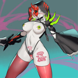 Rule 34 | 1girl, areola slip, blush, body writing, breasts, colored skin, dagger, detached sleeves, diabellstar the black witch, duel monster, green eyes, grey hair, grey skin, half mask, heart, highleg, highleg swimsuit, highres, holding, holding dagger, holding knife, holding weapon, hood, hood up, knife, large breasts, mask, medium hair, multicolored hair, navel, pasties, pubic hair, red thighhighs, revealing clothes, see-through, solo, spikes, streaked hair, swimsuit, thighhighs, ukimukai, weapon, yu-gi-oh!