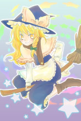 Rule 34 | 1girl, blonde hair, braid, broom, broom riding, dress, female focus, gradient background, hat, kirisame marisa, perfect cherry blossom, ribbon, saneyoshi, scarf, solo, star (symbol), touhou, witch, witch hat, yellow eyes