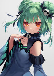 Rule 34 | 1girl, black bow, blue dress, blue sleeves, bow, breasts, closed mouth, commentary request, detached sleeves, double bun, dress, green hair, grey background, hair bow, hair bun, hair ornament, hand up, highres, hololive, kyou-chan, long sleeves, red eyes, sidelocks, skull hair ornament, sleeveless, sleeveless dress, small breasts, smile, solo, uruha rushia, uruha rushia (1st costume), virtual youtuber, wide sleeves