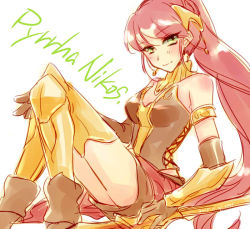 Rule 34 | 1girl, armlet, armor, bare shoulders, blush, boots, bracelet, breasts, character name, choker, cleavage, corset, elbow gloves, female focus, gloves, greaves, green eyes, headgear, headpiece, jewelry, knees together feet apart, knees up, legs, long hair, looking at viewer, musukichi, ponytail, pyrrha nikos, red hair, rwby, simple background, sitting, skirt, smile, solo, strapless, weapon