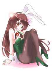 Rule 34 | 1girl, absurdres, animal ears, black pantyhose, brown eyes, brown hair, commentary request, detached collar, eating, fake animal ears, food, full body, green footwear, green leotard, hair ornament, high heels, highres, hishimochi, kantai collection, kisaragi (kancolle), leotard, long hair, mochi, one-hour drawing challenge, pantyhose, playboy bunny, rabbit ears, rabbit tail, red neckwear, sitting, solo, tail, taisinkoku, white background, wrist cuffs