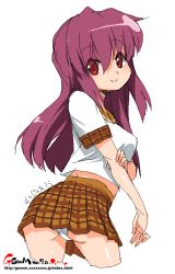 ass miniskirt oekaki onija_tarou panties pantyshot pink_hair plaid_clothes plaid_skirt red_eyes simple_background skirt smile solo underwear watermark web_address white_background