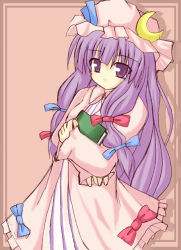 Rule 34 | 1girl, bonnet, book, bow, crescent, dress bow, female focus, frills, hair bow, hair ribbon, hat, long hair, moon, multiple hair bows, patchouli knowledge, pink bow, purple eyes, purple hair, ribbon, solo, touhou
