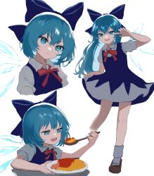 Rule 34 | 1girl, absurdres, alternate hair length, alternate hairstyle, blue eyes, blue hair, bow, cirno, contrapposto, cropped torso, eating, food, hair bow, highres, holding, holding spoon, ice, ice wings, long hair, mikan (manmarumikan), multiple views, omelet, omurice, short hair, simple background, spoon, standing, touhou, upper body, v-shaped eyebrows, very long hair, white background, wings