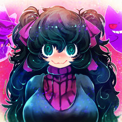 Rule 34 | 1girl, :3, @ @, alternate hairstyle, black dress, black hair, blue eyes, blush, bow, breasts, cat smile, chest jewel, closed eyes, closed mouth, colored sclera, cowboy shot, creatures (company), curly hair, dress, facing viewer, game freak, gen 1 pokemon, gen 4 pokemon, gengar, ghost, grin, hair between eyes, hair bow, hakkasame, hat, hex maniac (pokemon), jewelry, long hair, looking at viewer, medium breasts, mismagius, nintendo, pokemon, pokemon (creature), pokemon xy, ponytail, purple bow, purple ribbon, purple sweater, red background, red sclera, ribbed sweater, ribbon, ringed eyes, side ponytail, simple background, smile, sweater, tagme, teeth, turtleneck, turtleneck sweater, twintails, very long hair, wavy mouth, wide-eyed, witch hat