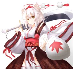 Rule 34 | 1girl, animal ears, armpits, bad id, bad pixiv id, bare shoulders, detached sleeves, hat, inubashiri momiji, kourindou tengu costume, looking at viewer, over shoulder, pom pom (clothes), shield, short hair, silver hair, simple background, solo, sword, tail, tokin hat, touhou, weapon, weapon over shoulder, white background, wolf ears, wolf tail, yellow eyes