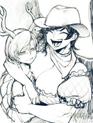 Rule 34 | 2girls, anger vein, antlers, arm around neck, breasts, cleavage, commentary, cowboy hat, dragon horns, fang, flat chest, greyscale, hat, highres, horns, huge breasts, kicchou yachie, kurokoma saki, monochrome, multiple girls, neckerchief, open mouth, pegasus wings, short hair, sketch, smile, spacezin, symbol-only commentary, touhou, turtle shell, wings