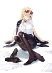 Rule 34 | 1girl, absurdres, barefoot, black jacket, black skirt, blonde hair, blush, breasts, broken eyewear, choker, cleavage, closed mouth, collarbone, collared shirt, commentary, cross, cross choker, english commentary, eyewear on head, feet, fingernails, girls&#039; frontline, green eyes, hair between eyes, high heels, highres, jacket, jacket on shoulders, large breasts, long hair, long sleeves, looking at viewer, no shoes, pantyhose, paper, shirt, shirt tucked in, shoes, simple background, sitting, skirt, solo, stg44 (detective&#039;s sidekick) (girls&#039; frontline), stg44 (girls&#039; frontline), suprii, sweatdrop, toenails, toes, torn clothes, unworn shoes, white background, white shirt