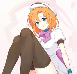 Rule 34 | 1girl, arm at side, back bow, beret, black thighhighs, blue eyes, blue wrist cuffs, blush, bow, cherry blossom print, commentary, curvy, dress, eyes visible through hair, feet out of frame, floral print, from below, hair between eyes, hand up, hat, higurashi no naku koro ni, knees together feet apart, knees up, looking at viewer, open mouth, orange hair, puffy short sleeves, puffy sleeves, purple bow, ryuuguu rena, short hair, short sleeves, simple background, sitting, smile, solo, suzuragi karin, thighhighs, thighs, white background, white dress, white hat, wrist cuffs