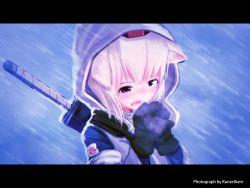 Rule 34 | 1girl, alternate costume, animal ears, artist name, blush, breath, cold, gloves, hat, highres, hood, interlocked fingers, inubashiri momiji, kunsei hamu, letterboxed, open mouth, own hands clasped, own hands together, parka, red eyes, snow, snowing, solo, sword, tokin hat, touhou, upper body, weapon, weapon on back, white hair, wind, winter, winter clothes, wolf ears
