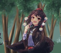 Rule 34 | 1girl, :d, between fingers, black hair, black wings, blurry, blurry background, feathered wings, feathers, flat chest, hand up, hansode32, hat, highres, holding, looking at viewer, medium hair, open mouth, outdoors, pointy ears, pom pom (clothes), red eyes, shameimaru aya, smile, solo, tokin hat, touhou, tree, upper body, wings