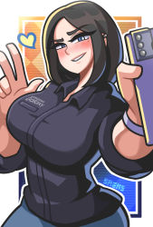 Rule 34 | 1girl, artist name, black hair, black shirt, blue eyes, blush, breasts, collared shirt, cowboy shot, freckles, heart, highres, holding, holding phone, large breasts, looking at viewer, medium hair, mole, mole under eye, outline, parted lips, phone, sagas293, samsung, samsung sam, shirt, smile, solo, upper body, white outline