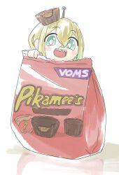 Rule 34 | :d, amano pikamee, bag, black hairband, blonde hair, blush stickers, brand name imitation, bright pupils, character name, chocolate, colored inner hair, copyright name, food, food on head, green eyes, green hair, hair between eyes, hairband, in bag, in container, looking at viewer, mini person, minigirl, multicolored hair, object on head, open mouth, reese&#039;s, reese&#039;s cups, simple background, smile, tianpin lukou, two-tone hair, virtual youtuber, voms, white background, white pupils