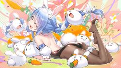 Rule 34 | 1girl, animal ear fluff, animal ears, ass, back, bare shoulders, black leotard, blue hair, braid, carrot, carrot hair ornament, extra ears, food-themed hair ornament, hair ornament, hikimayu, hikosan, hololive, leotard, long hair, looking at viewer, looking back, multicolored hair, one eye closed, open mouth, orange eyes, pantyhose, pekomon (usada pekora), playboy bunny, rabbit ears, rabbit girl, rabbit tail, rocket launcher, short eyebrows, signature, smile, solo, tail, thick eyebrows, third-party edit, twin braids, twintails, two-tone hair, usada pekora, usada pekora (1st costume), virtual youtuber, weapon, white hair