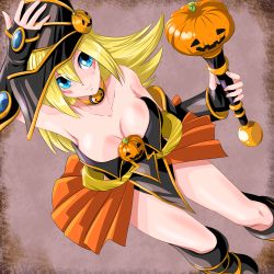 Rule 34 | 1girl, adjusting clothes, adjusting headwear, blonde hair, blue eyes, breasts, cleavage, dark magician girl, duel monster, food-themed hair ornament, from above, grey background, hair ornament, halloween, hat, large breasts, legs, pumpkin hair ornament, solo, wand, yu-gi-oh!, yuu-gi-ou, yu-gi-oh! duel monsters