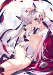 Rule 34 | 1girl, alcohol, animal ears, arm up, armpits, bare shoulders, breasts, choko (cup), claw pose, crop top, cup, duplicate, flower, fox ears, fox girl, fox tail, hair flower, hair ornament, hand up, highres, japanese clothes, long hair, looking at viewer, midriff, miniskirt, mouth hold, navel, off shoulder, original, pixel-perfect duplicate, pouring, pouring onto self, reclining, red eyes, red ribbon, revealing clothes, ribbon, sake, shirt, side slit, skirt, sleeveless, sleeveless shirt, small breasts, solo, stomach, tail, tenmu shinryuusai, thigh strap, thighs, very long hair, white hair, white shirt, white skirt