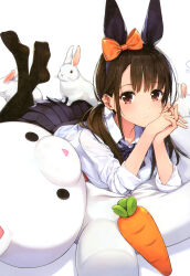 Rule 34 | 1girl, absurdres, amagai tarou, animal ears, black pantyhose, black skirt, blush, bow, bowtie, brown eyes, brown hair, carrot, closed mouth, collared shirt, fake animal ears, feet up, hair bow, hairband, highres, interlocked fingers, legs up, long hair, looking at viewer, low twintails, lying, no shoes, non-web source, on stomach, orange bow, original, own hands together, pantyhose, pleated skirt, polka dot, polka dot bow, rabbit, rabbit ears, school uniform, shirt, sidelocks, simple background, skirt, sleeves rolled up, solo, stuffed animal, stuffed rabbit, stuffed toy, teddy bear, the pose, twintails, white background, white shirt