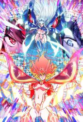 2girls ass blue_hair breasts cleavage frown garter_straps gluteal_fold highres holding holding_sword holding_weapon junketsu kill_la_kill kill_la_kill:_if kiryuuin_satsuki large_breasts long_hair looking_at_viewer matoi_ryuuko multiple_girls navel revealing_clothes sebastian_von_buchwald senketsu sword thighhighs weapon