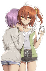 Rule 34 | 2girls, ahoge, alternate costume, ass, blush, breasts, cellphone, closed eyes, commentary, cowboy shot, english commentary, fate/grand order, fate (series), fujimaru ritsuka (female), hair between eyes, hair ornament, hair over one eye, hair scrunchie, head on another&#039;s shoulder, holding, holding phone, long hair, long sleeves, looking at another, mash kyrielight, medium breasts, multiple girls, one eye covered, one side up, orange hair, phone, purple eyes, purple hair, scrunchie, shirt, short hair, shorts, simple background, sleeveless, sleeveless shirt, smartphone, smile, standing, striped clothes, striped shorts, tonee, white background, white shirt, yellow eyes, yuri