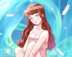 Rule 34 | 1girl, artist name, bare shoulders, blue background, blue eyes, breasts, brown hair, cleavage, closed mouth, commentary, coral, dandelion seed, dress, english commentary, eyelashes, feathers, frilled dress, frills, frown, head wreath, kikkidream, knees up, large breasts, light blush, long hair, looking at viewer, original, pink fur, pink lips, sitting, sleeveless, sleeveless dress, solo, spaghetti strap, wavy hair, wind