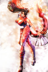 Rule 34 | 1girl, absurdres, bare shoulders, bccp, breasts, brown hair, cleavage, fatal fury, highres, japanese clothes, large breasts, legs, long hair, long legs, pelvic curtain, ponytail, shiranui mai, snk, solo, the king of fighters, thighs