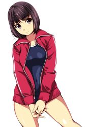 Rule 34 | 1girl, black eyes, black hair, blush, breasts, collarbone, competition school swimsuit, covered navel, highres, interlocked fingers, jacket, long sleeves, looking at viewer, matsunaga kouyou, medium breasts, one-piece swimsuit, open clothes, open jacket, original, own hands together, purple eyes, red jacket, school swimsuit, shiny skin, short hair, simple background, smile, solo, standing, swimsuit, swimsuit under clothes, track jacket, v arms, white background