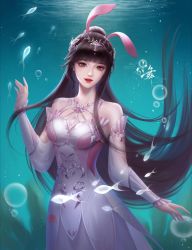 Rule 34 | 1girl, animal ears, breasts, brown hair, bubble, douluo dalu, glowing fish, hair ornament, highres, light particles, long hair, medium breasts, parted lips, ponytail, qun sang you zhi xiannu tu, rabbit ears, seaweed, solo, underwater, upper body, xiao wu (douluo dalu)
