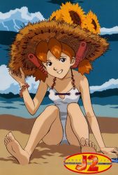 Rule 34 | 1girl, android, barefoot, beach, blue eyes, bracelet, brown hair, day, feet, flower, grin, halterneck, hat, hat flower, highres, jewelry, joints, josette, logo, looking at viewer, ocean, official art, one-piece swimsuit, outdoors, robot, robot joints, short hair, sitting, smile, soles, solo, straw hat, sun hat, sunflower, swimsuit, toes, twintails, white one-piece swimsuit, wonder project j2